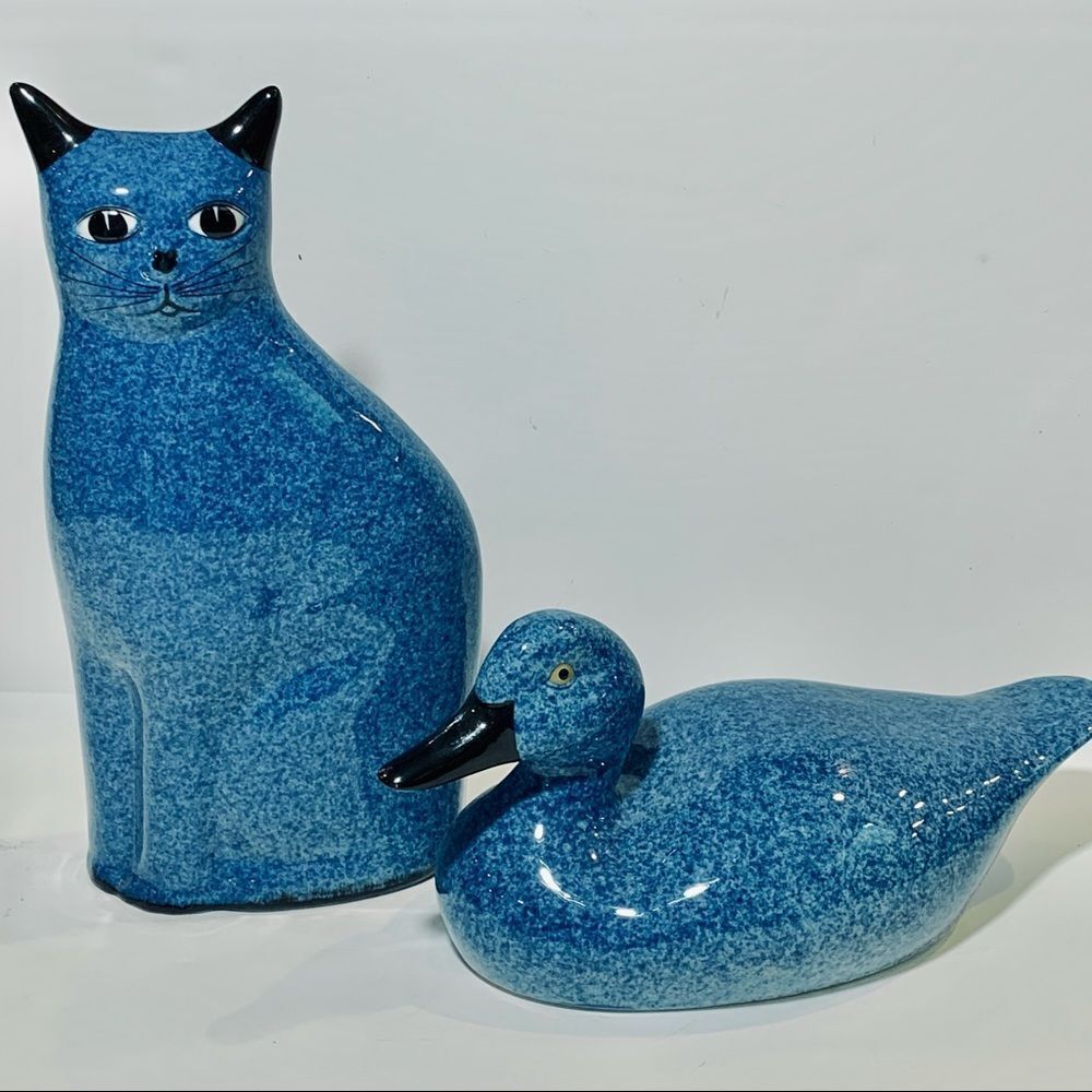 Blue Marled Ceramic Cat &‎ Duck